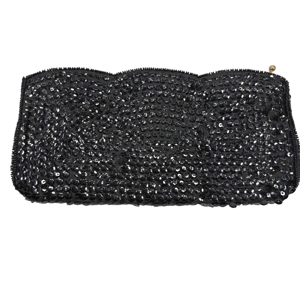 Vintage Women Cosmetic Bag Pouch Sequin Beaded Scalloped Edge Black Gatsby Glam